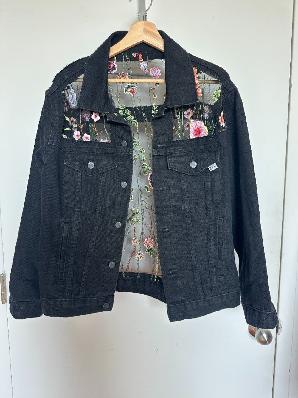 NWOT Dragon Denim Black Floral Lace and Denim Jacket